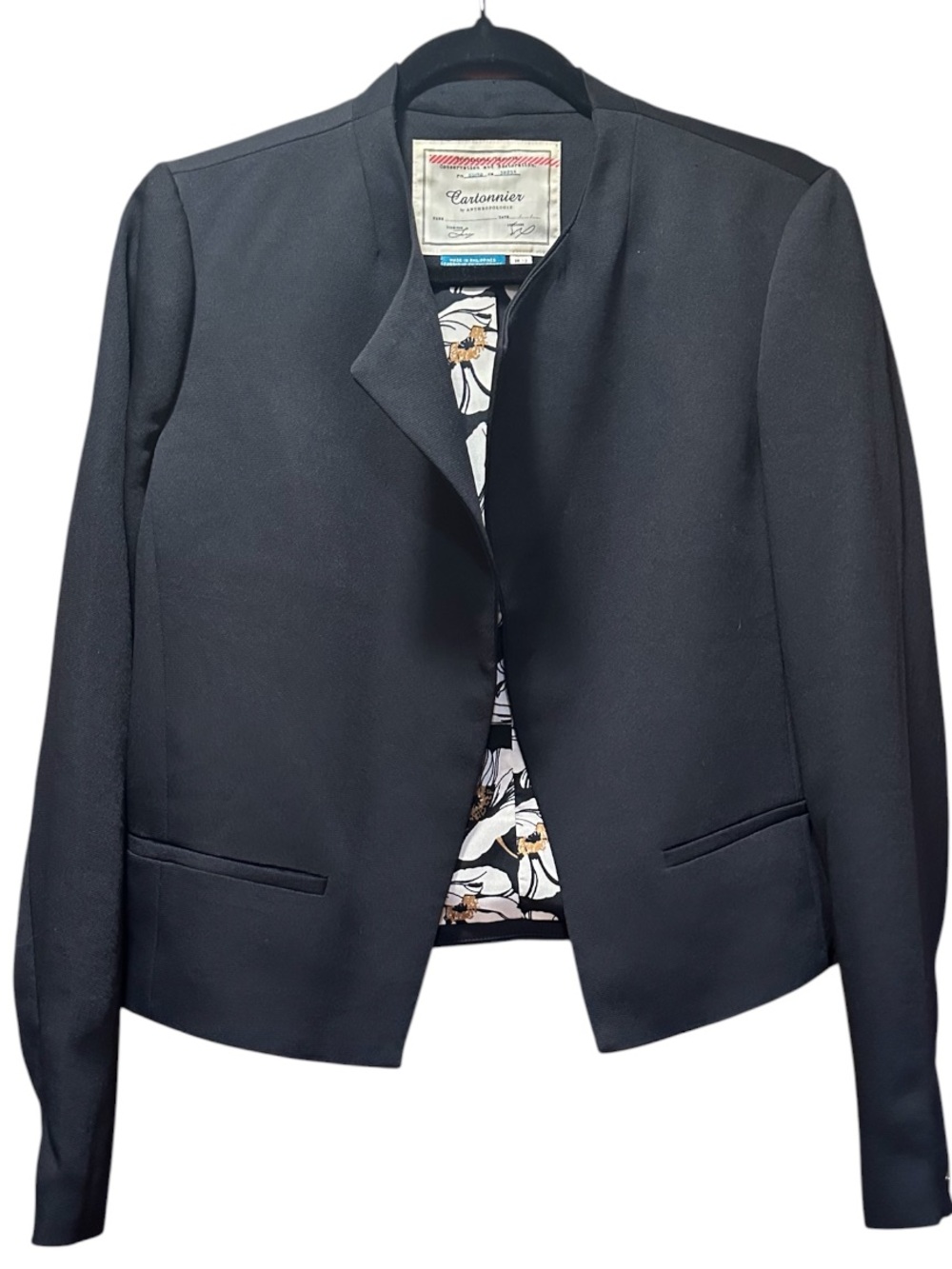 Anthropologie Cartonnier Black Collarless Floral-Lined Blazer